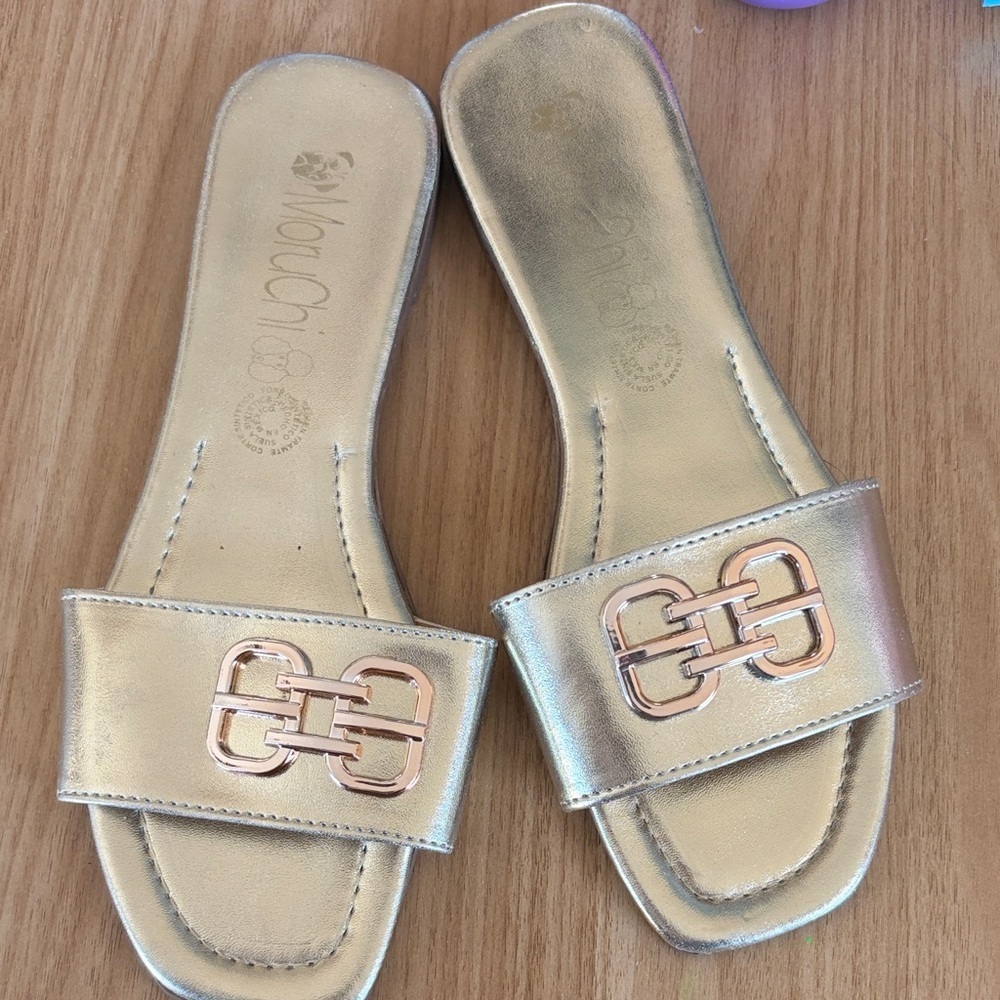 Metallic Gold Slide Sandals with Rose Gold Hardware | NWOT | Sz 8-8.5